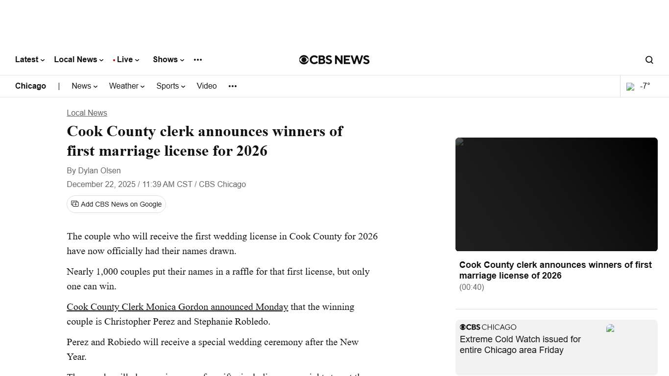 Cook County clerk announces winners of first marriage license for 2026 - CBS Chicago
